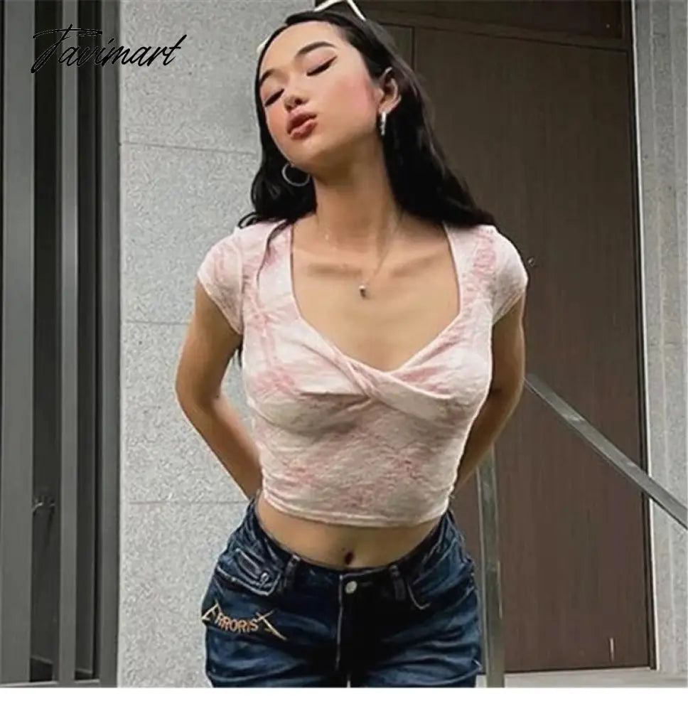 New Women Pink Print Crop Tops Summer Short Sleeve Casual Short T-shirts Fashion Korean Y2k Sheath Tops