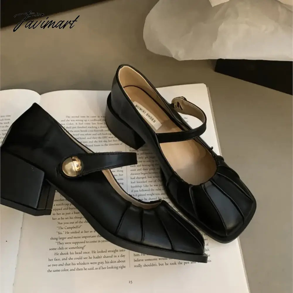 New Women's Mary Janes Shoes Pleated Leather Shoes for Female Square Heel Dress Shoes Square Toe Ruffle Pumps Silver Black 1581N