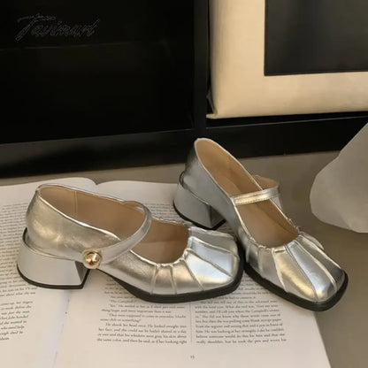 New Women's Mary Janes Shoes Pleated Leather Shoes for Female Square Heel Dress Shoes Square Toe Ruffle Pumps Silver Black 1581N