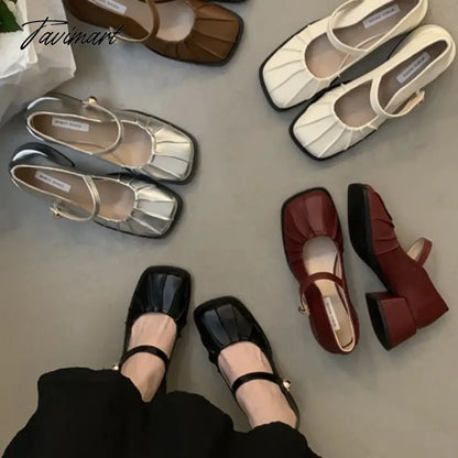 New Women's Mary Janes Shoes Pleated Leather Shoes for Female Square Heel Dress Shoes Square Toe Ruffle Pumps Silver Black 1581N