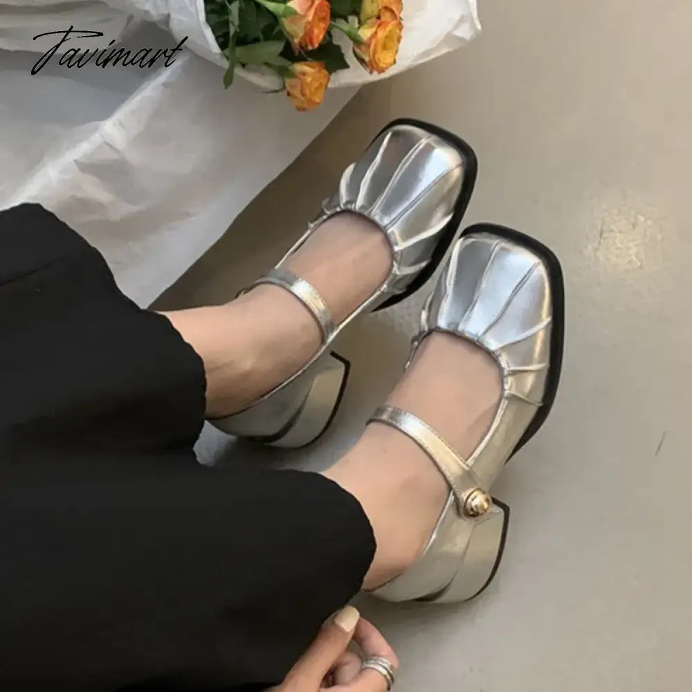 New Women's Mary Janes Shoes Pleated Leather Shoes for Female Square Heel Dress Shoes Square Toe Ruffle Pumps Silver Black 1581N