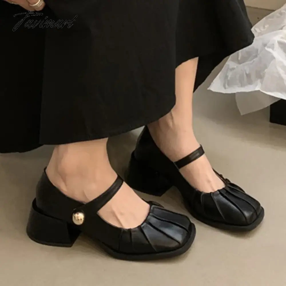 New Women's Mary Janes Shoes Pleated Leather Shoes for Female Square Heel Dress Shoes Square Toe Ruffle Pumps Silver Black 1581N