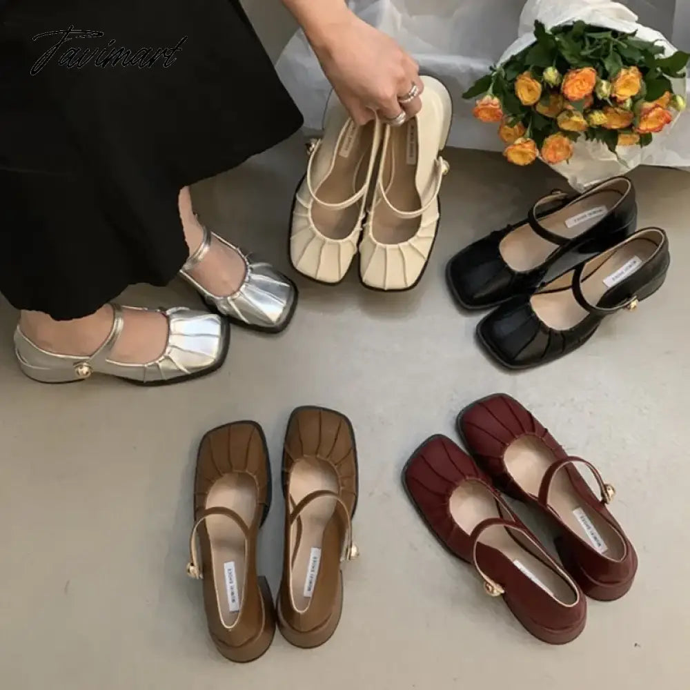 New Women's Mary Janes Shoes Pleated Leather Shoes for Female Square Heel Dress Shoes Square Toe Ruffle Pumps Silver Black 1581N