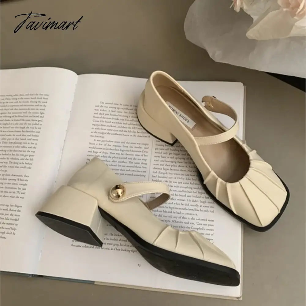 New Women's Mary Janes Shoes Pleated Leather Shoes for Female Square Heel Dress Shoes Square Toe Ruffle Pumps Silver Black 1581N