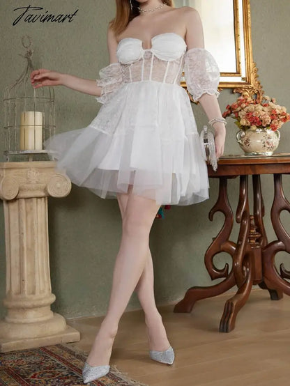 New Women'S V-Neck Strapless Sexy Lace Mini Princess Dress Lady White Bridesmaid Formal Prom Evening Party Dresses Vestido