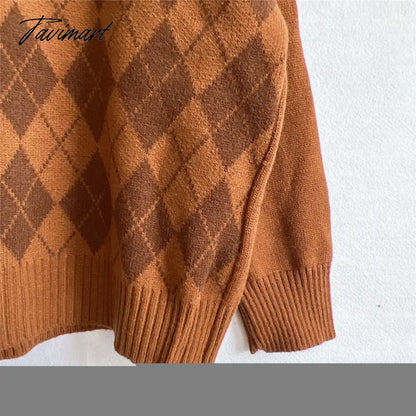 New Women Vintage Lattice Pullover Sweater Casual Lapel Long Sleeved Knit Top Autumn Winter Fashion Korean Style Sweater