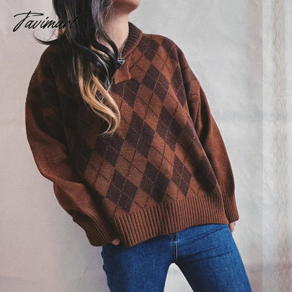 New Women Vintage Lattice Pullover Sweater Casual Lapel Long Sleeved Knit Top Autumn Winter Fashion Korean Style Sweater