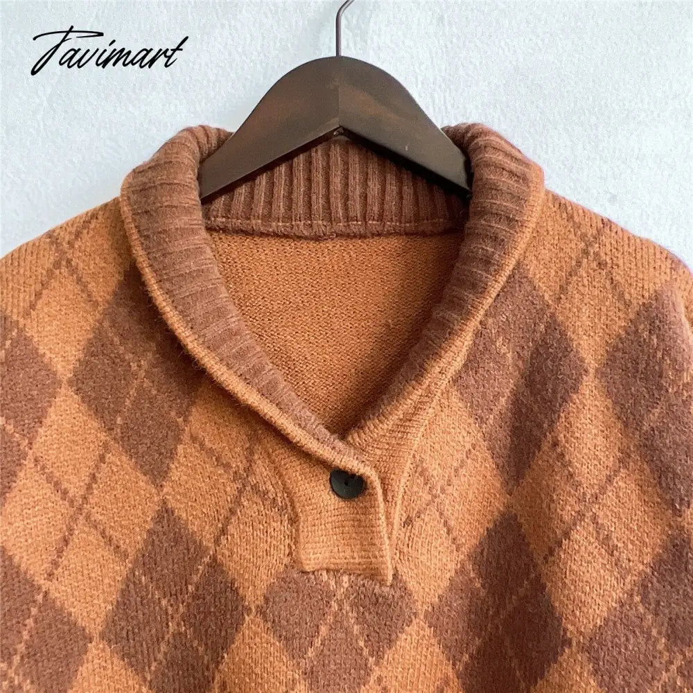 New Women Vintage Lattice Pullover Sweater Casual Lapel Long Sleeved Knit Top Autumn Winter Fashion Korean Style Sweater