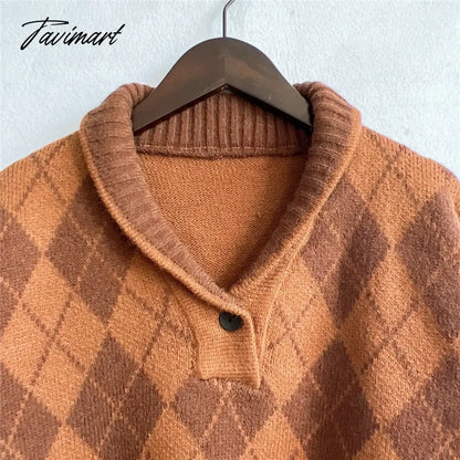 New Women Vintage Lattice Pullover Sweater Casual Lapel Long Sleeved Knit Top Autumn Winter Fashion Korean Style Sweater