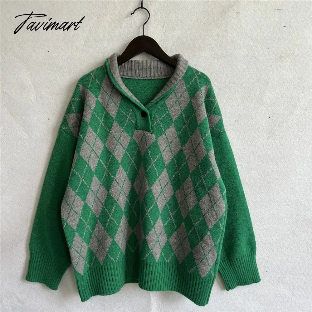New Women Vintage Lattice Pullover Sweater Casual Lapel Long Sleeved Knit Top Autumn Winter Fashion Korean Style Sweater