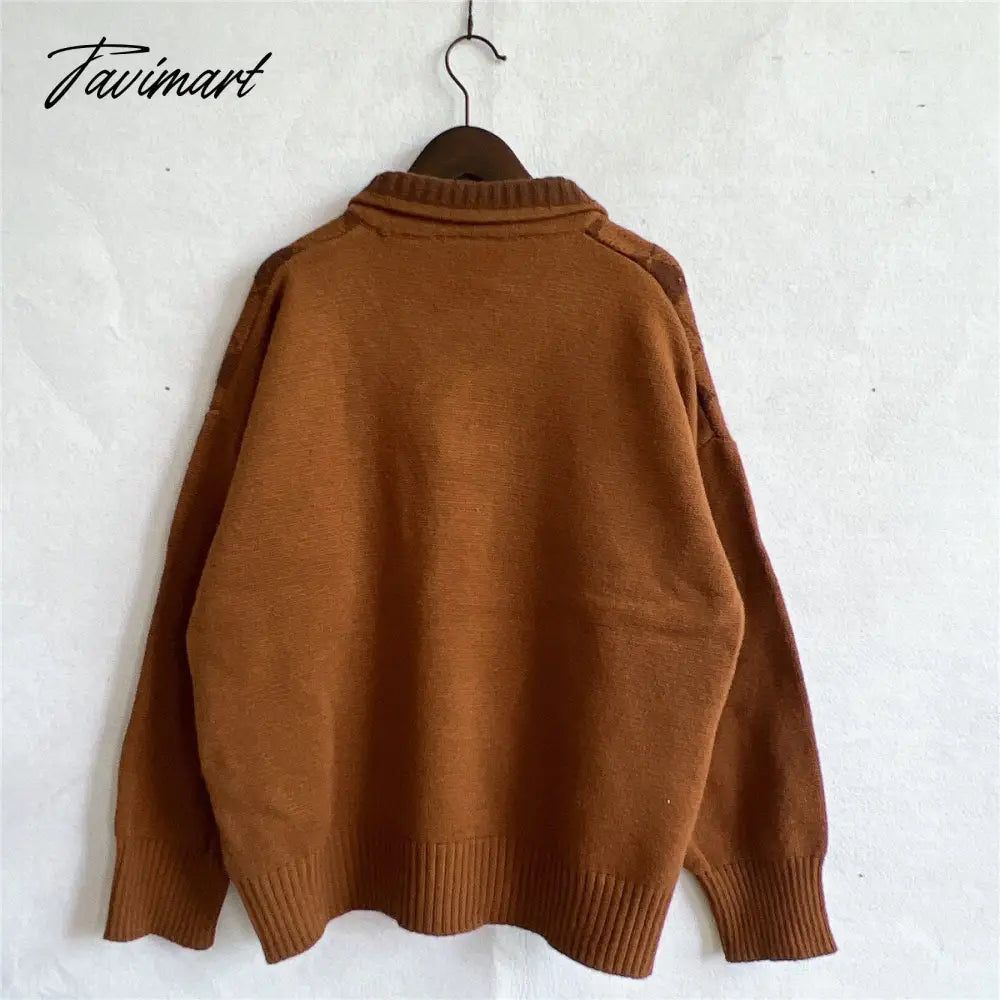 New Women Vintage Lattice Pullover Sweater Casual Lapel Long Sleeved Knit Top Autumn Winter Fashion Korean Style Sweater
