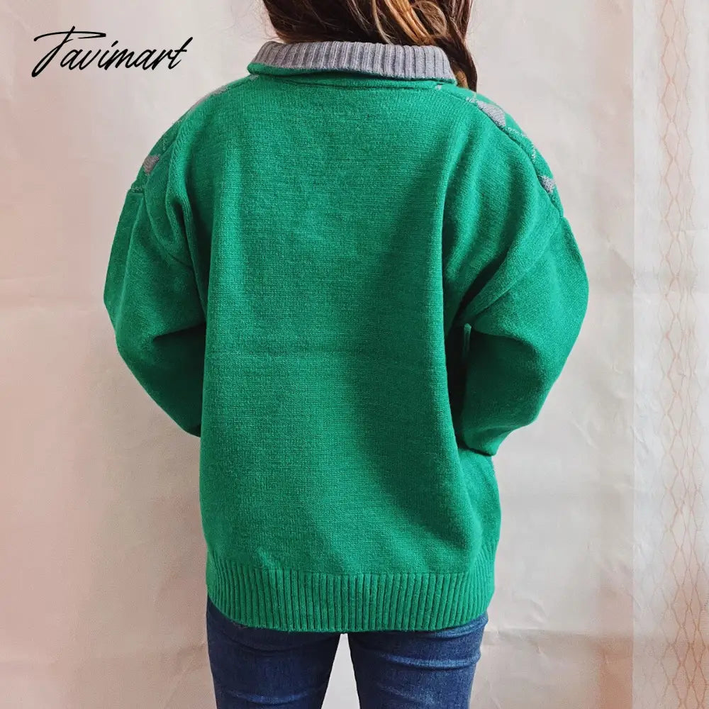 New Women Vintage Lattice Pullover Sweater Casual Lapel Long Sleeved Knit Top Autumn Winter Fashion Korean Style Sweater