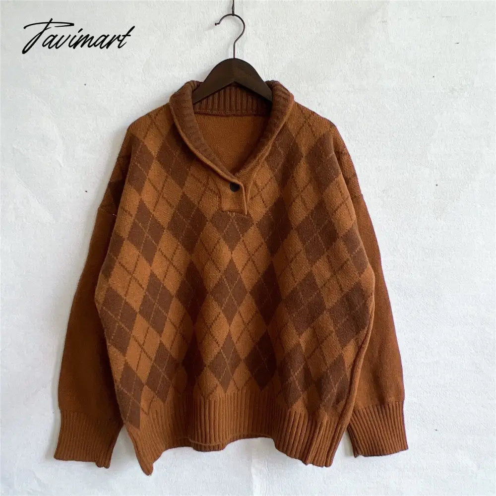 New Women Vintage Lattice Pullover Sweater Casual Lapel Long Sleeved Knit Top Autumn Winter Fashion Korean Style Sweater