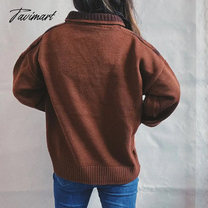 New Women Vintage Lattice Pullover Sweater Casual Lapel Long Sleeved Knit Top Autumn Winter Fashion Korean Style Sweater
