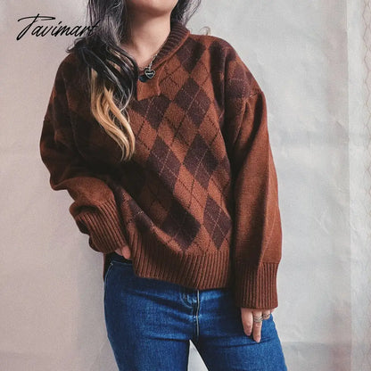 New Women Vintage Lattice Pullover Sweater Casual Lapel Long Sleeved Knit Top Autumn Winter Fashion Korean Style Sweater
