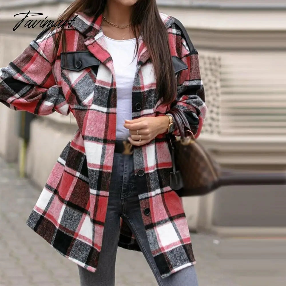 Newest Fall Button Cardigan Women Trench Coats Winter Lapel Pocket Windproof Coat Fashion Casual Color Block Loose Plaid Jackets