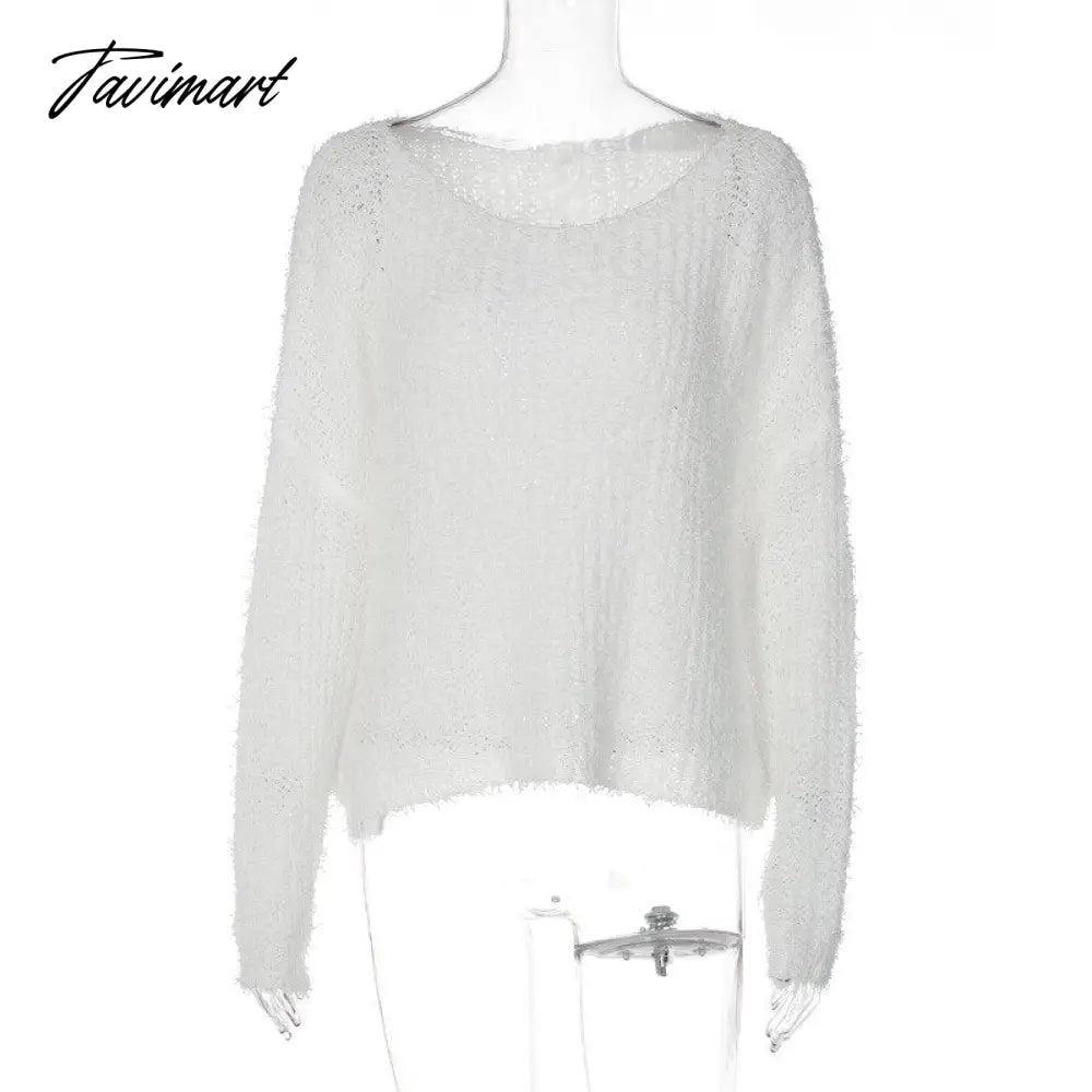 O-Neck Casual T-Shirts Women Pullovers Autumn Knitted Long Sleeve Loose Sweater White High Street Y2K Tops Tee Shirt