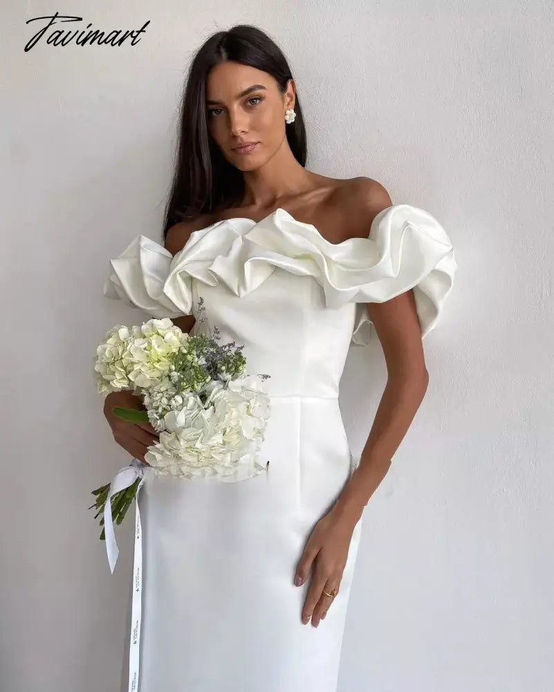 Off Shoulder Sheath Cocktail Dresses Ruffles Satin Mini Evening Gowns Above Knee Formal Party Gowns
