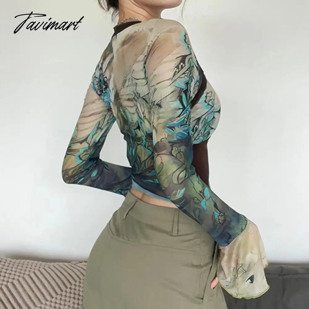 Palm Tree Print Mesh Top with Adjustable Tie Lace Trim Flared Sleeve T-shirts Womens Fairycore Fairy Grunge Y2K Aesthetic Outfit