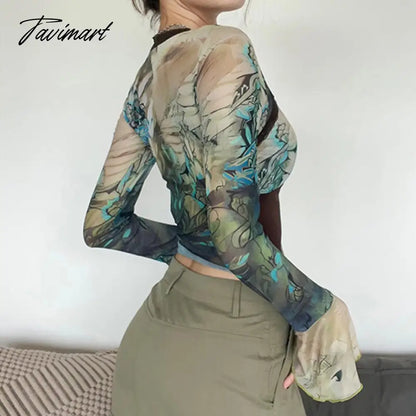 Palm Tree Print Mesh Top with Adjustable Tie Lace Trim Flared Sleeve T-shirts Womens Fairycore Fairy Grunge Y2K Aesthetic Outfit