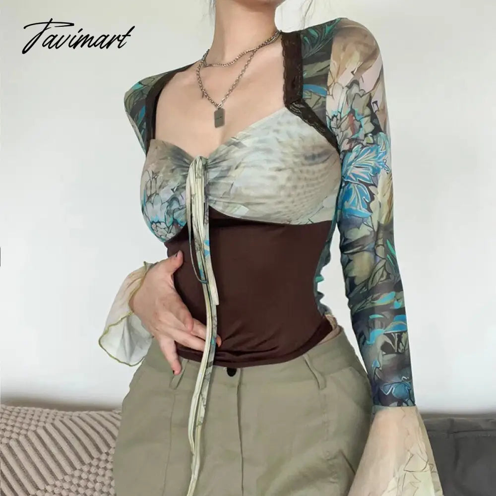 Palm Tree Print Mesh Top with Adjustable Tie Lace Trim Flared Sleeve T-shirts Womens Fairycore Fairy Grunge Y2K Aesthetic Outfit