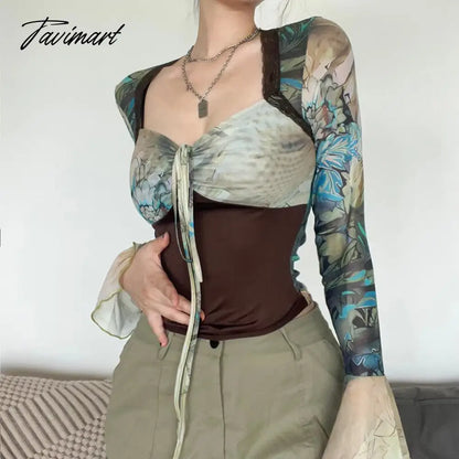 Palm Tree Print Mesh Top with Adjustable Tie Lace Trim Flared Sleeve T-shirts Womens Fairycore Fairy Grunge Y2K Aesthetic Outfit