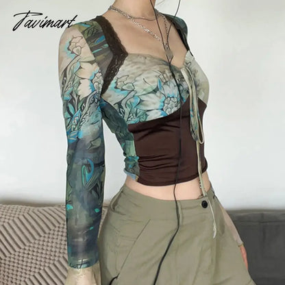 Palm Tree Print Mesh Top with Adjustable Tie Lace Trim Flared Sleeve T-shirts Womens Fairycore Fairy Grunge Y2K Aesthetic Outfit