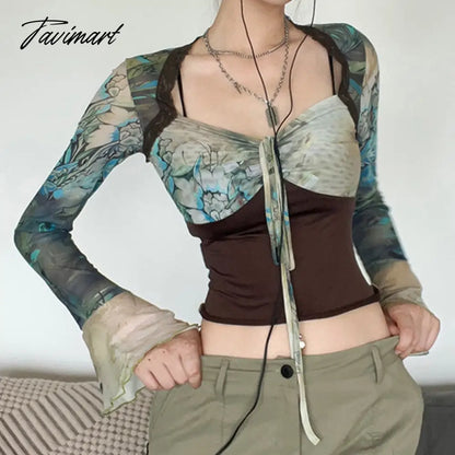 Palm Tree Print Mesh Top with Adjustable Tie Lace Trim Flared Sleeve T-shirts Womens Fairycore Fairy Grunge Y2K Aesthetic Outfit