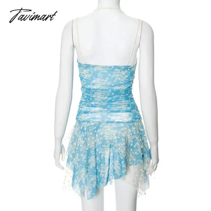 Patchwork Mesh Asymmetrical Mini Dress Women Beachwear Summer Vacation Dresses Fashion New Spaghetti Strap V Neck Dresses