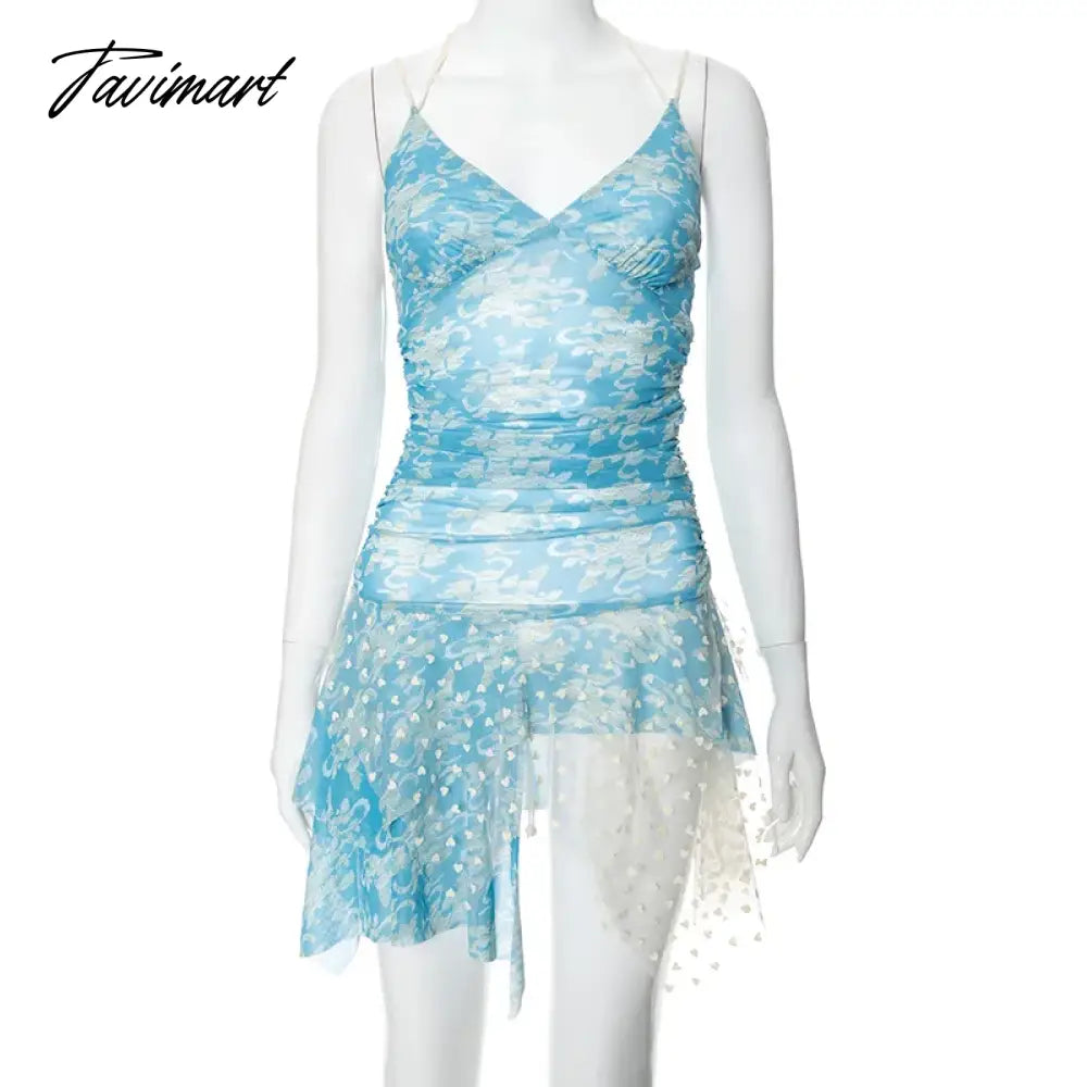 Patchwork Mesh Asymmetrical Mini Dress Women Beachwear Summer Vacation Dresses Fashion New Spaghetti Strap V Neck Dresses