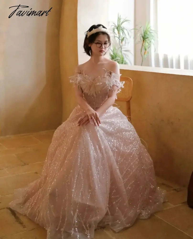 Pink Feather Sequin Evening Dress Bridal Dress Sleeveless V-neck Back Lace-up Birthday Party Gown Anniversary Dresses