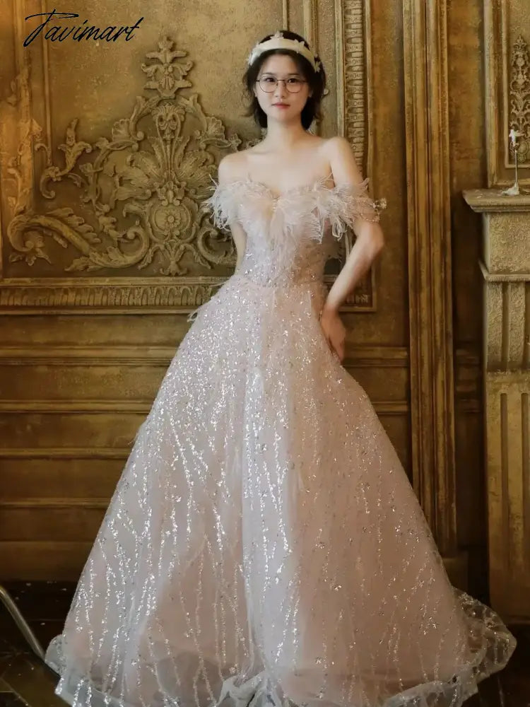 Pink Feather Sequin Evening Dress Bridal Dress Sleeveless V-neck Back Lace-up Birthday Party Gown Anniversary Dresses