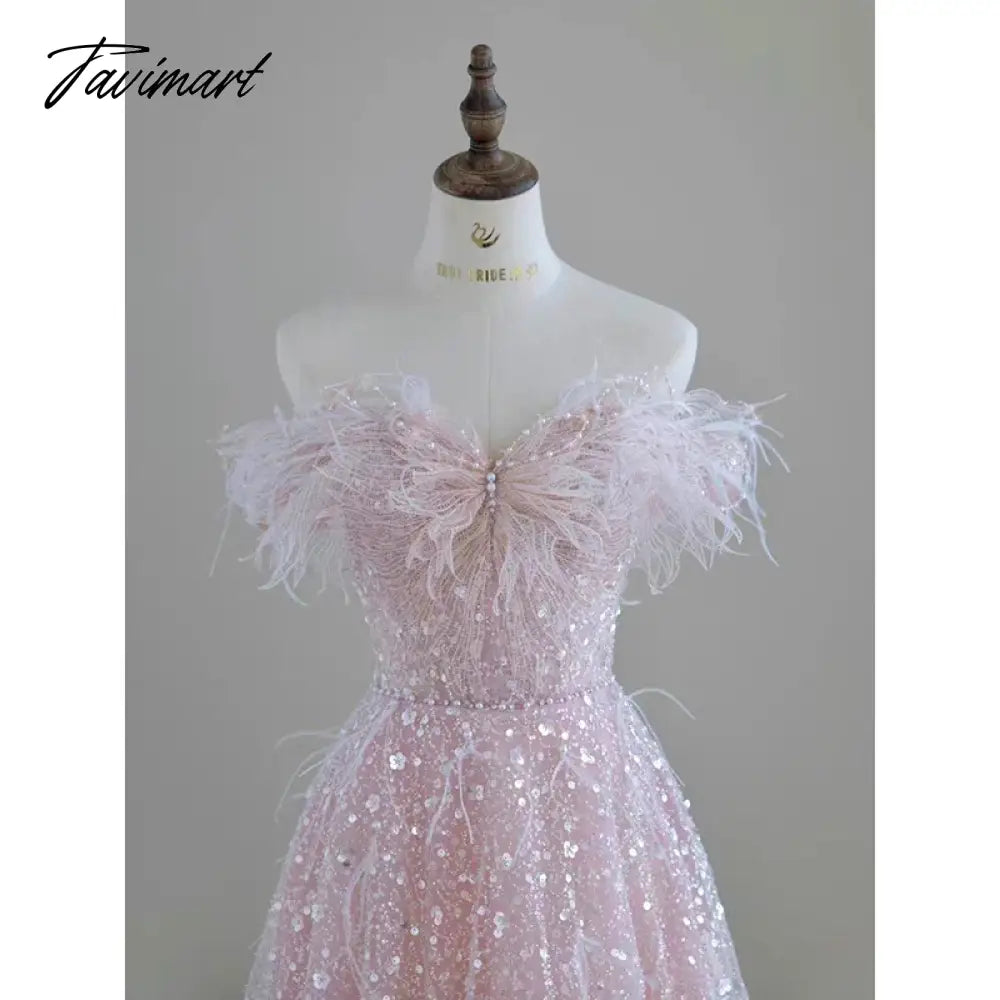 Pink Feather Sequin Evening Dress Bridal Dress Sleeveless V-neck Back Lace-up Birthday Party Gown Anniversary Dresses