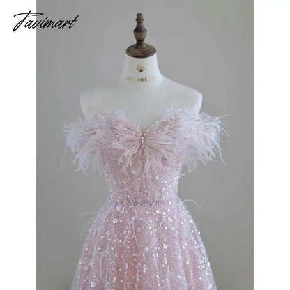 Pink Feather Sequin Evening Dress Bridal Dress Sleeveless V-neck Back Lace-up Birthday Party Gown Anniversary Dresses