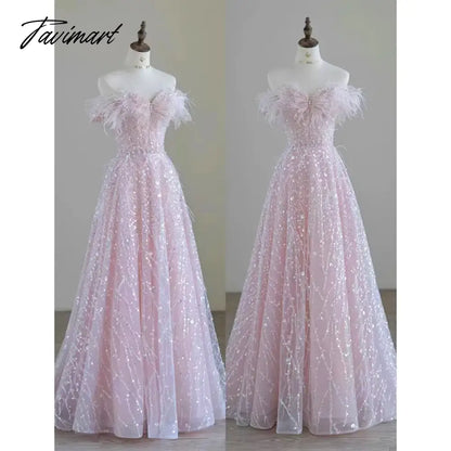 Pink Feather Sequin Evening Dress Bridal Dress Sleeveless V-neck Back Lace-up Birthday Party Gown Anniversary Dresses