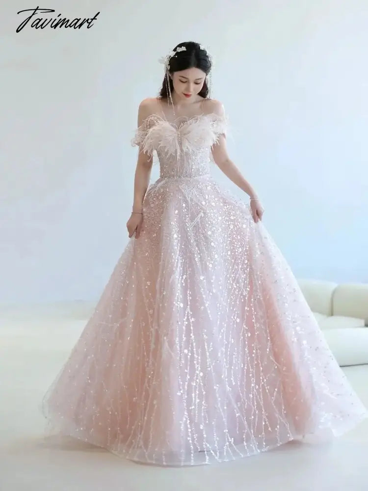 Pink Feather Sequin Evening Dress Bridal Dress Sleeveless V-neck Back Lace-up Birthday Party Gown Anniversary Dresses
