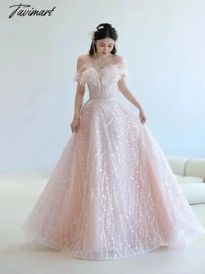 Pink Feather Sequin Evening Dress Bridal Dress Sleeveless V-neck Back Lace-up Birthday Party Gown Anniversary Dresses