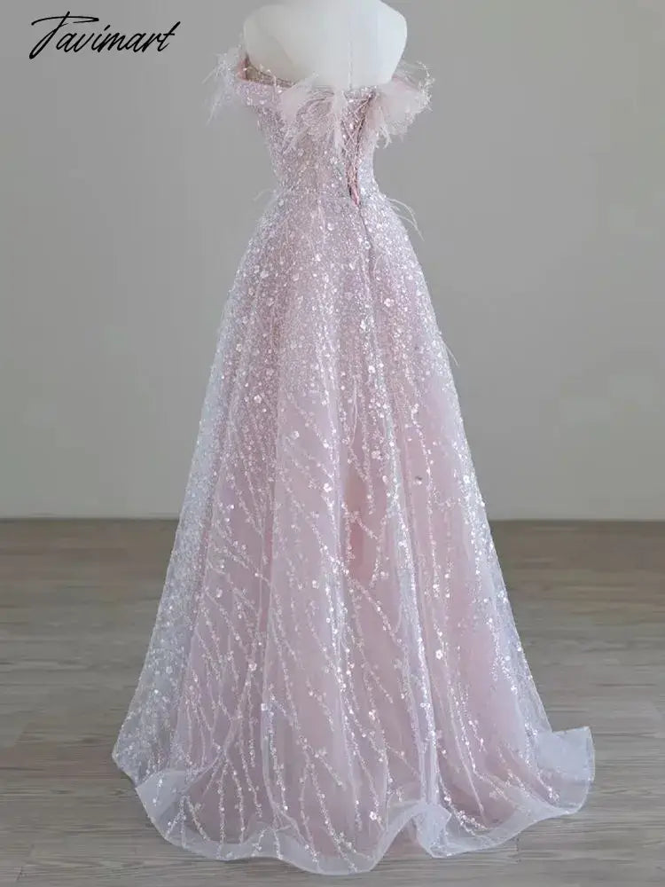 Pink Feather Sequin Evening Dress Bridal Dress Sleeveless V-neck Back Lace-up Birthday Party Gown Anniversary Dresses