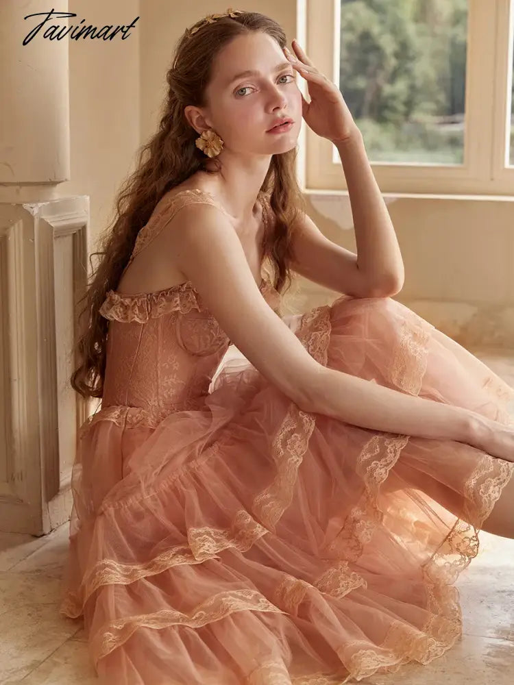 Pink Pleated Lace Short Evening Party Dress With Thin Straps Multi-Layer Tulle Sleeveless Princess Prom Dress For Girls