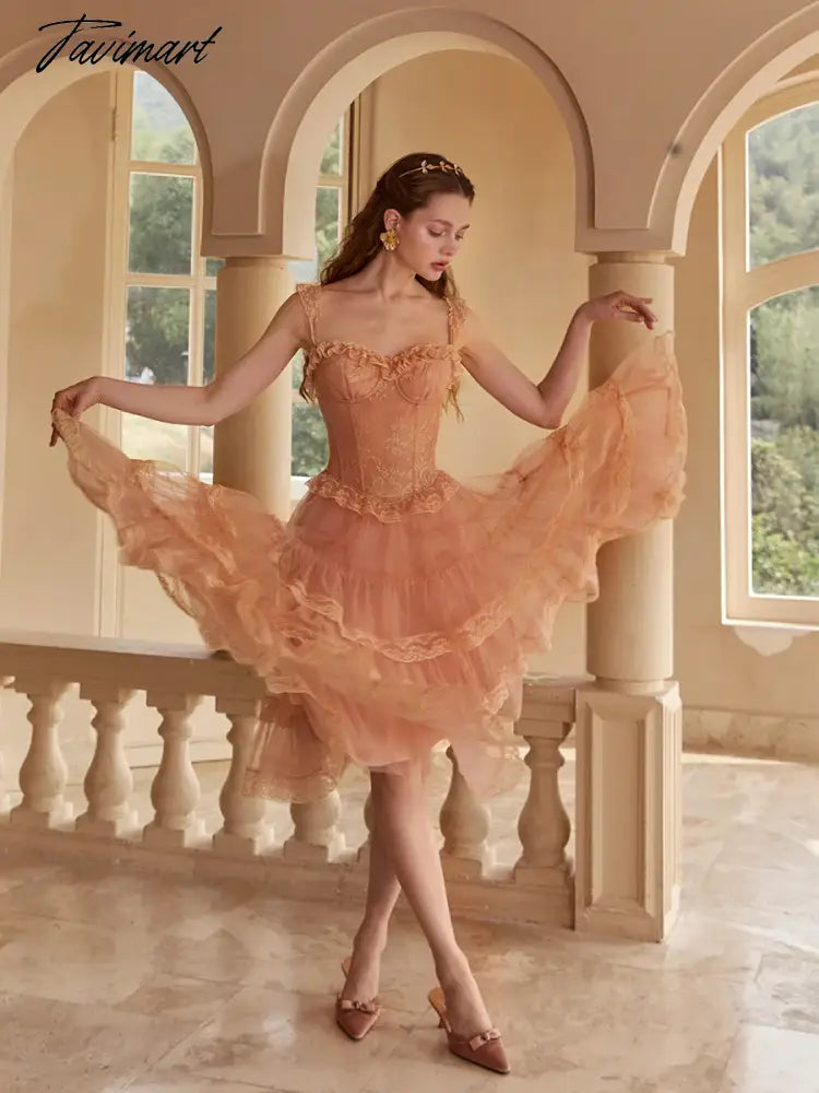 Pink Pleated Lace Short Evening Party Dress With Thin Straps Multi-Layer Tulle Sleeveless Princess Prom Dress For Girls