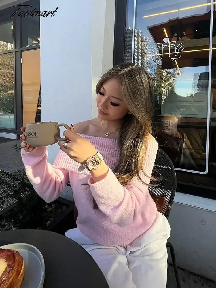 Pink Slash Neck Knit Pullover For Women Sexy Chic Off Shoulder Long Sleeve Elegant Jumper 2024 Spring Fall Casual Slim Knitwear