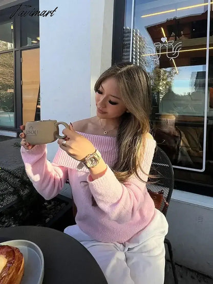 Pink Slash Neck Knit Pullover For Women Sexy Chic Off Shoulder Long Sleeve Elegant Jumper 2024 Spring Fall Casual Slim Knitwear