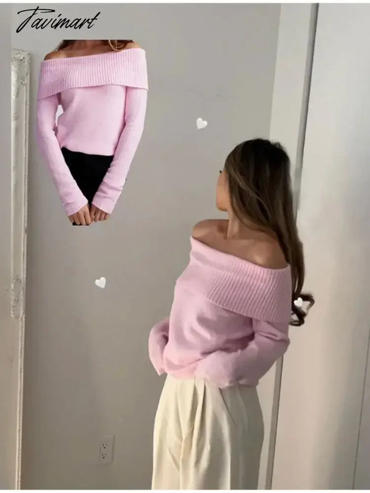 Pink Slash Neck Knit Pullover For Women Sexy Chic Off Shoulder Long Sleeve Elegant Jumper 2024 Spring Fall Casual Slim Knitwear