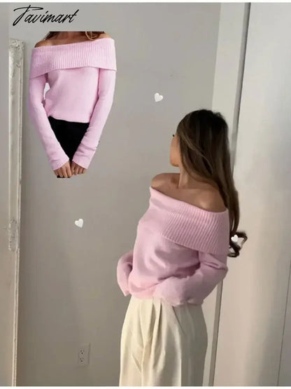 Pink Slash Neck Knit Pullover For Women Sexy Chic Off Shoulder Long Sleeve Elegant Jumper 2024 Spring Fall Casual Slim Knitwear