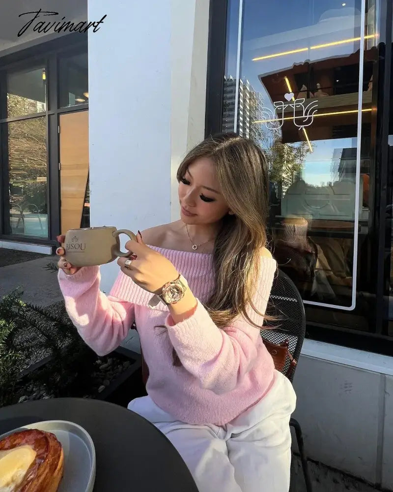 Pink Slash Neck Knit Pullover For Women Sexy Chic Off Shoulder Long Sleeve Elegant Jumper 2024 Spring Fall Casual Slim Knitwear