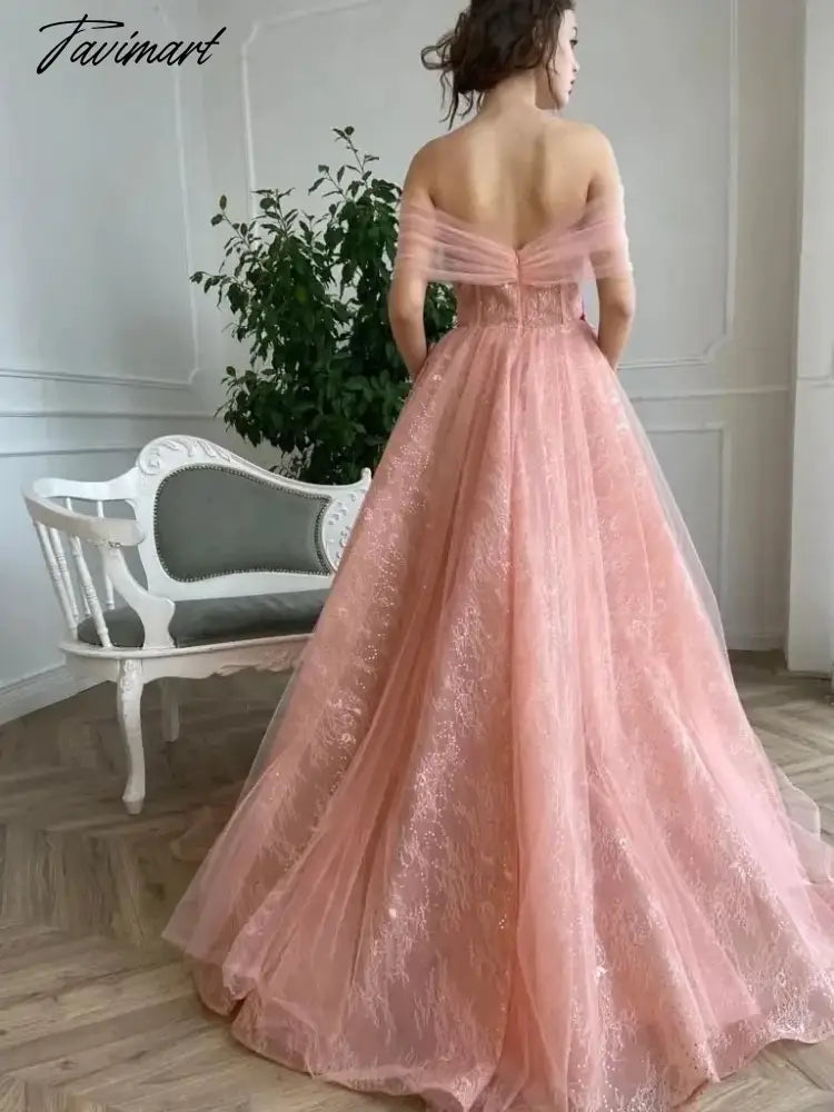 Pink Tulle Evening Dresses Sequined Sparkly Lace Off Shoulder Applique Floral Flowers A-Line Long Floor Length Formal Party