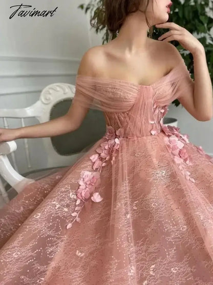 Pink Tulle Evening Dresses Sequined Sparkly Lace Off Shoulder Applique Floral Flowers A-Line Long Floor Length Formal Party