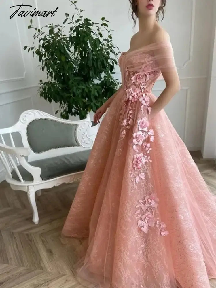 Pink Tulle Evening Dresses Sequined Sparkly Lace Off Shoulder Applique Floral Flowers A-Line Long Floor Length Formal Party