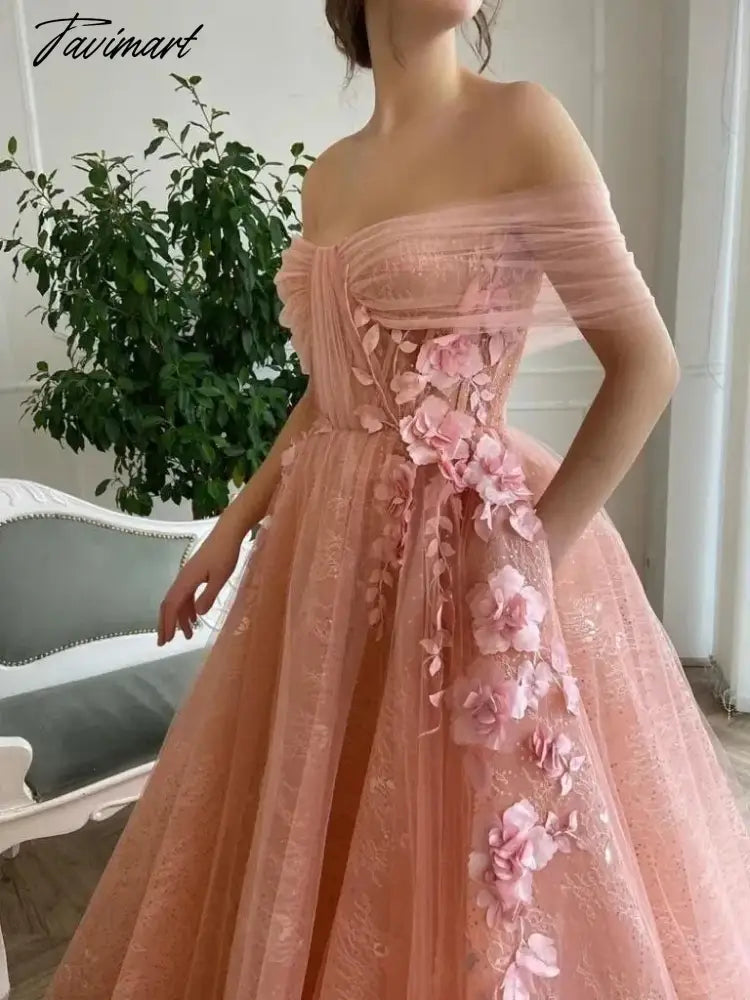 Pink Tulle Evening Dresses Sequined Sparkly Lace Off Shoulder Applique Floral Flowers A-Line Long Floor Length Formal Party