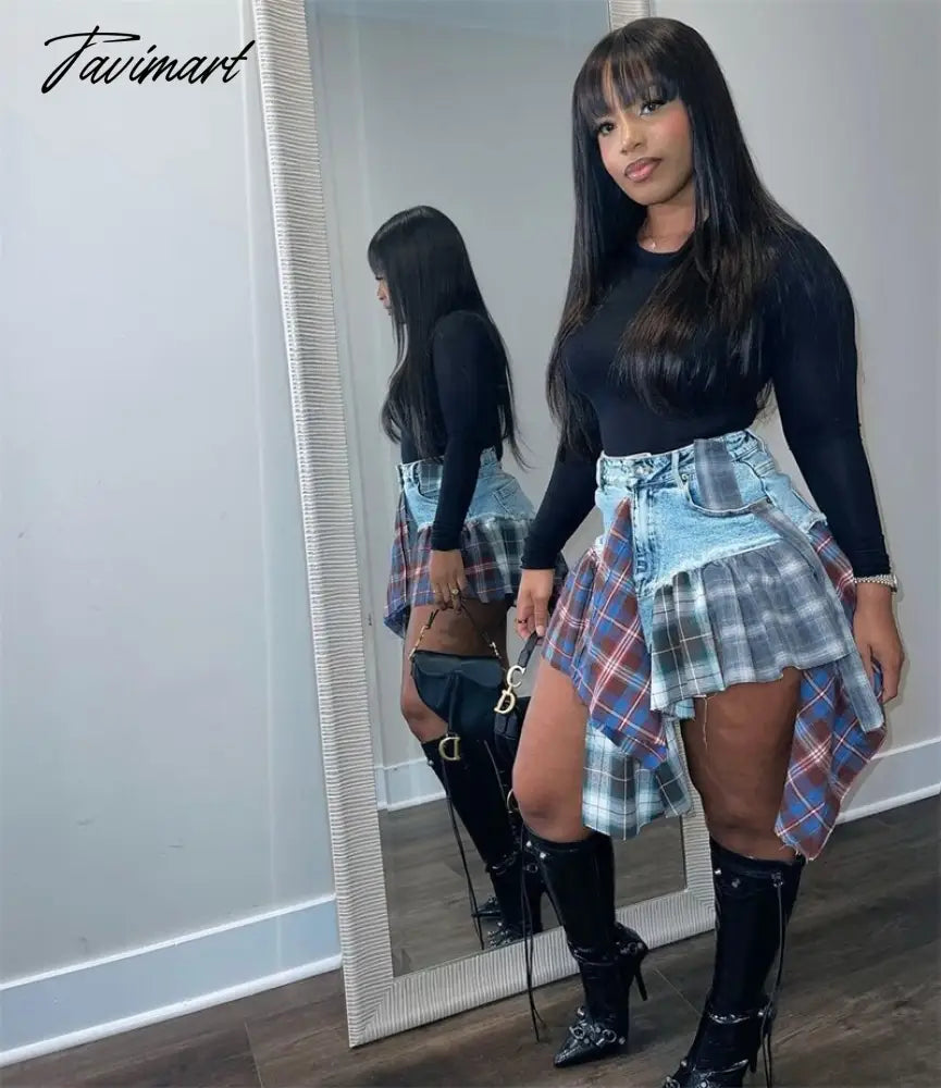 Plaid Patchwork Ruffles Jeans Skirts Shorts Women Summer High Waist Button Fly Pockets Fashion Casual Culotte Streetwear